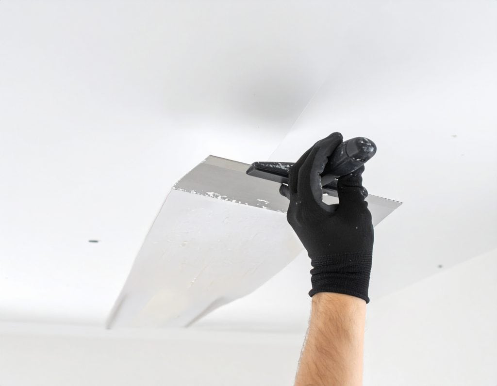 Handwerker spachtelt eine Decke mit breiter Spachtel – Symbol für präzise Handarbeit und saubere Oberflächen von Pejic Bozo Spachtler in Graz.